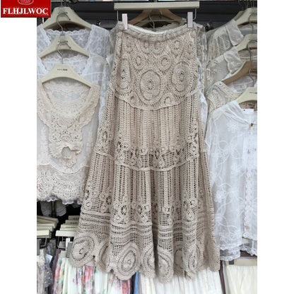 Aura Bohemian Vintage Crochet Maxi Skirt – Romantic Mori Girl Hollow Out Holiday Long Skirt