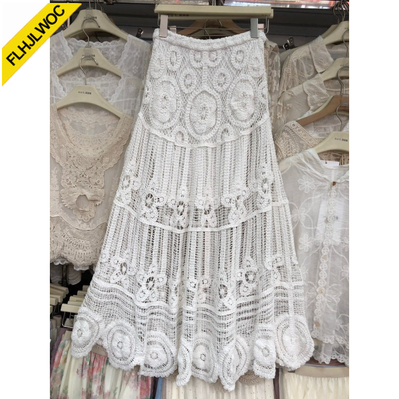 Aura Bohemian Vintage Crochet Maxi Skirt – Romantic Mori Girl Hollow Out Holiday Long Skirt