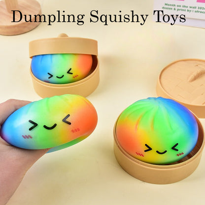 Rainbow Dumpling Squishy Slow Rising Stress Relief Toy with Bamboo Basket