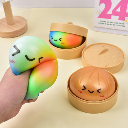 Rainbow Dumpling Squishy Slow Rising Stress Relief Toy with Bamboo Basket