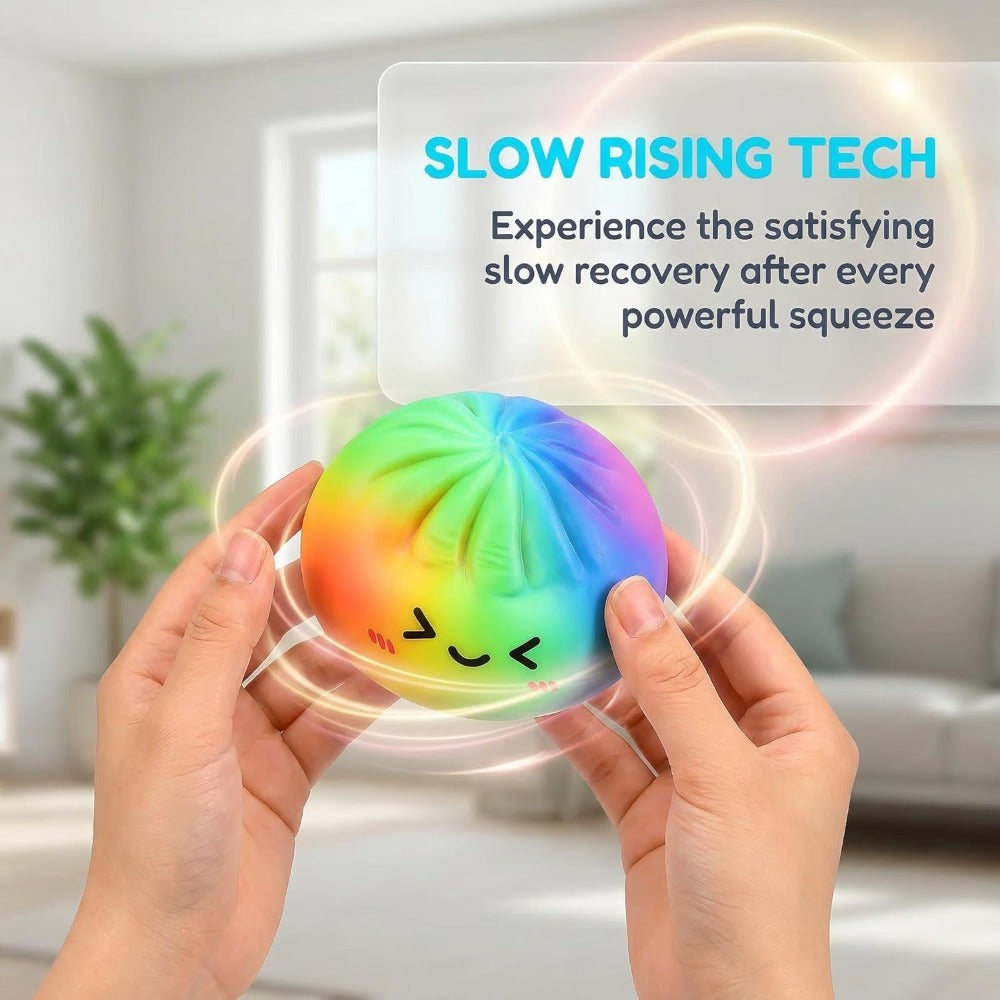Rainbow Dumpling Squishy Slow Rising Stress Relief Toy with Bamboo Basket