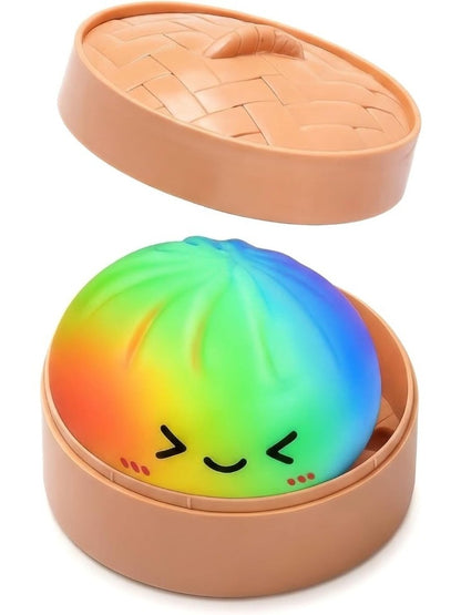 Rainbow Dumpling Squishy Slow Rising Stress Relief Toy with Bamboo Basket