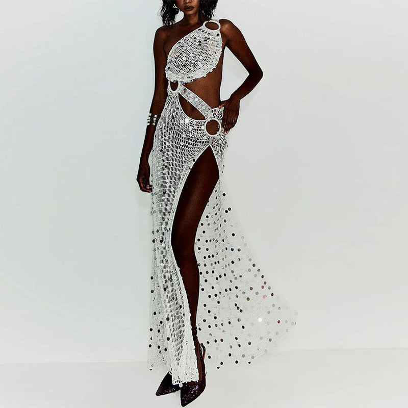 Aura Shimmer Sequin Summer Maxi Dress Sleeveless Hollow Out Bodycon Split Coverup