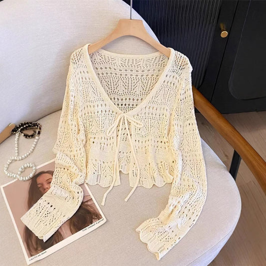 Aura Crochet Knit Cardigan Tie Front Long Sleeve Crop Top Boho Beach Cover Up
