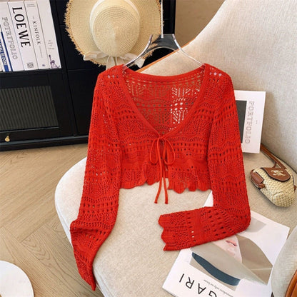 Aura Crochet Knit Cardigan Tie Front Long Sleeve Crop Top Boho Beach Cover Up