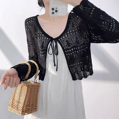 Aura Crochet Knit Cardigan Tie Front Long Sleeve Crop Top Boho Beach Cover Up