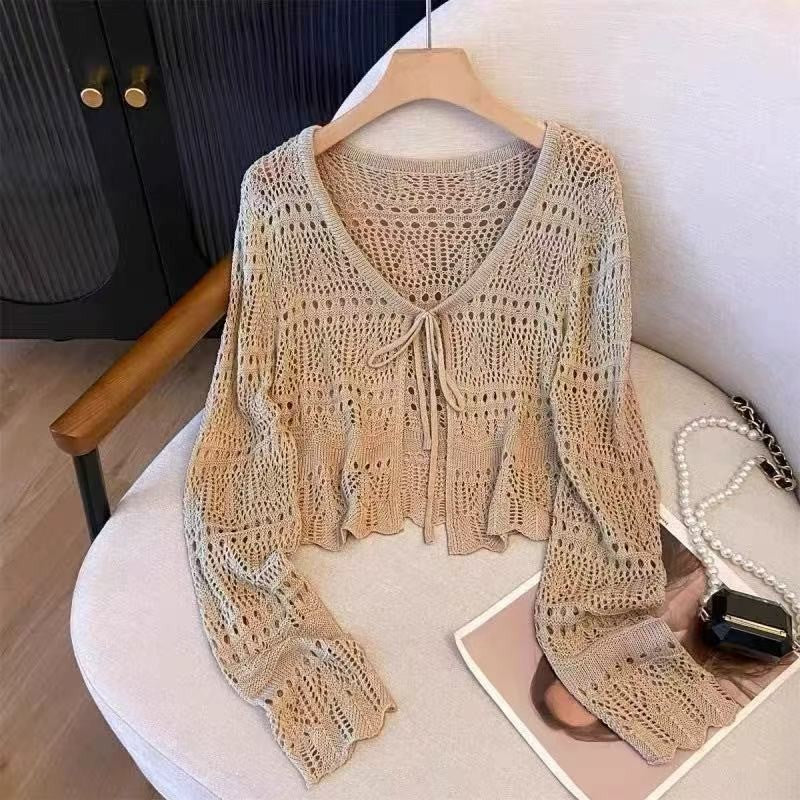 Aura Crochet Knit Cardigan Tie Front Long Sleeve Crop Top Boho Beach Cover Up