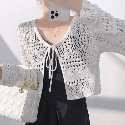 Aura Crochet Knit Cardigan Tie Front Long Sleeve Crop Top Boho Beach Cover Up