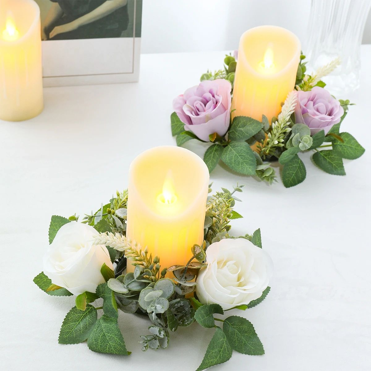 Artificial Rose Flower Candle Ring Wreath – Decorative Wedding Centerpiece for Parties, Birthdays & Home Decor