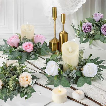 Artificial Rose Flower Candle Ring Wreath – Decorative Wedding Centerpiece for Parties, Birthdays & Home Decor