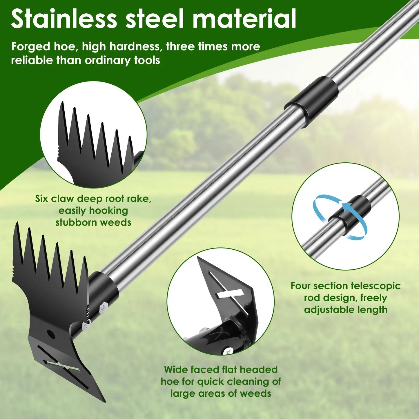 Heavy Duty Garden Thatch Rake Stainless Steel Lawn Dethatching Rake for Weed Removal & Soil Loosening