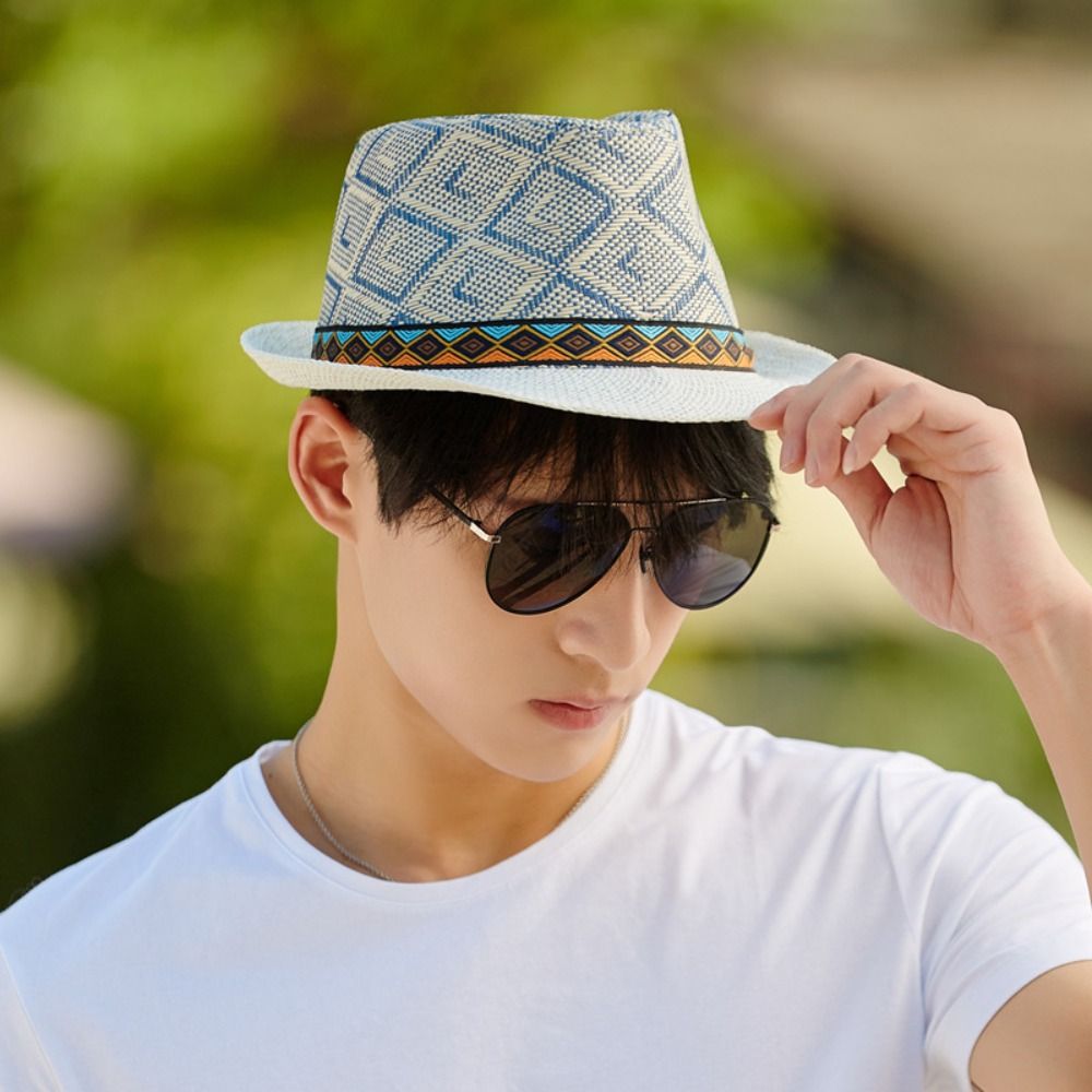 Men's Straw Panama Hat with Plaid Band and Sun Protection