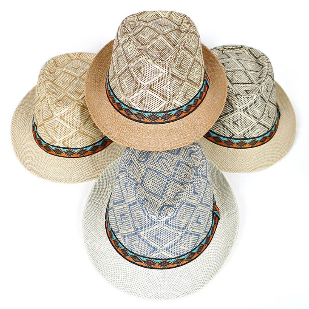 Men's Straw Panama Hat with Plaid Band and Sun Protection