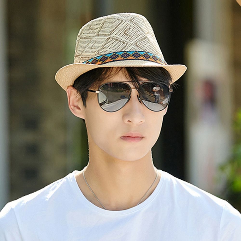 Men's Straw Panama Hat with Plaid Band and Sun Protection
