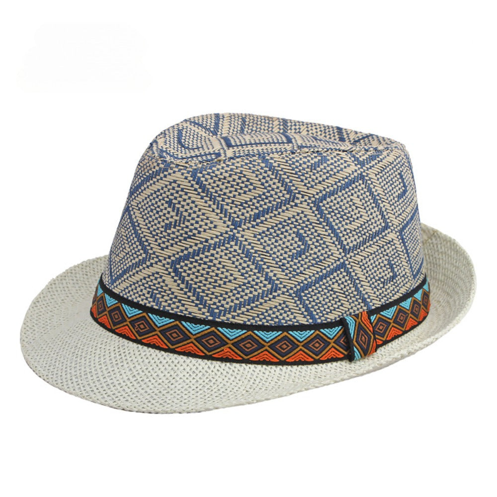 Men's Straw Panama Hat with Plaid Band and Sun Protection