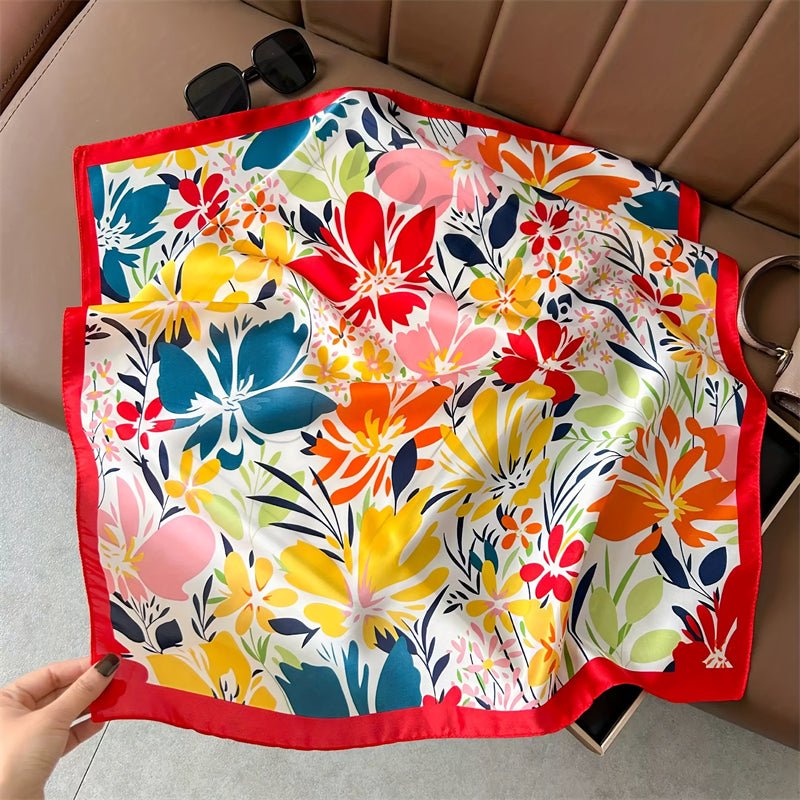 Floral Print Luxury Square Silk Scarf for Women