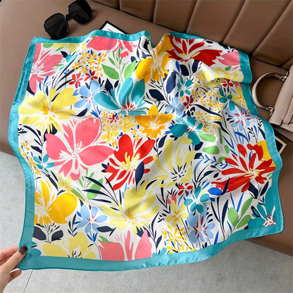 Floral Print Luxury Square Silk Scarf for Women