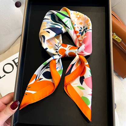 Floral Print Luxury Square Silk Scarf for Women
