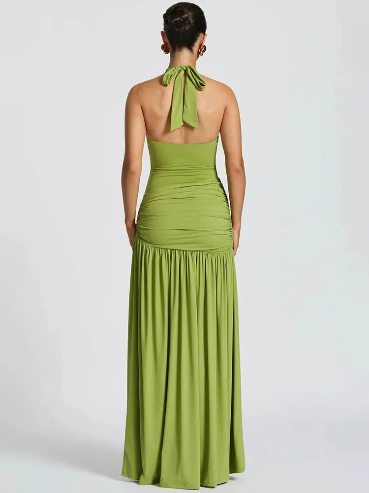 Chaxiaoa Elegant Backless Sexy Maxi Dress Set Women Halter Bodysuit and Maxi Skirt Matching Set Female Ruched Split Dress Sets