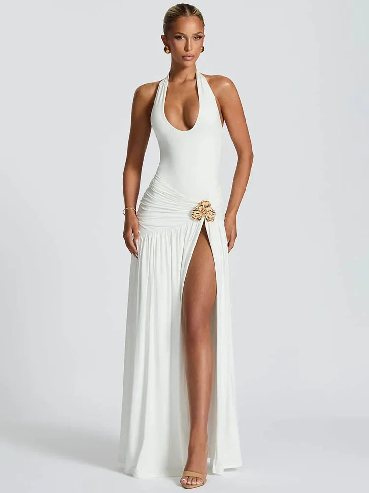 Chaxiaoa Elegant Backless Sexy Maxi Dress Set Women Halter Bodysuit and Maxi Skirt Matching Set Female Ruched Split Dress Sets