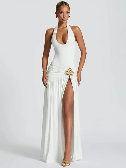 Chaxiaoa Elegant Backless Sexy Maxi Dress Set Women Halter Bodysuit and Maxi Skirt Matching Set Female Ruched Split Dress Sets