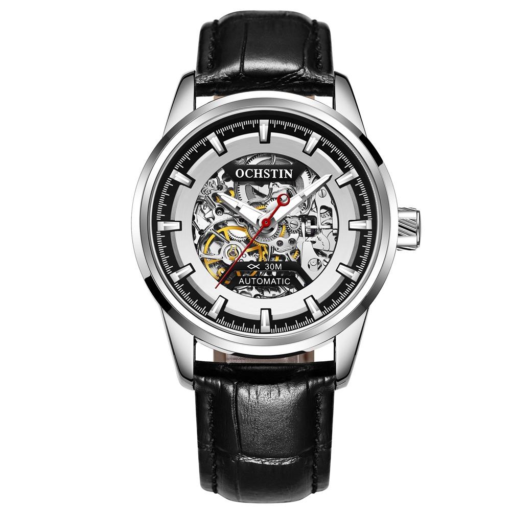 Ochstin 2002C Automatic Mechanical Watch Mens Skeleton Watch Business Leather Waterproof Wristwatch