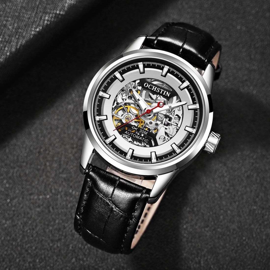 Ochstin 2002C Automatic Mechanical Watch Mens Skeleton Watch Business Leather Waterproof Wristwatch