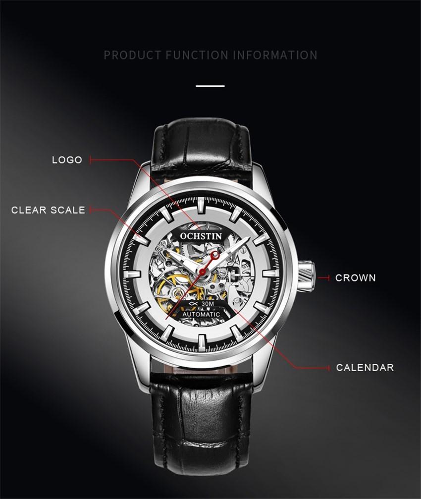 Ochstin 2002C Automatic Mechanical Watch Mens Skeleton Watch Business Leather Waterproof Wristwatch