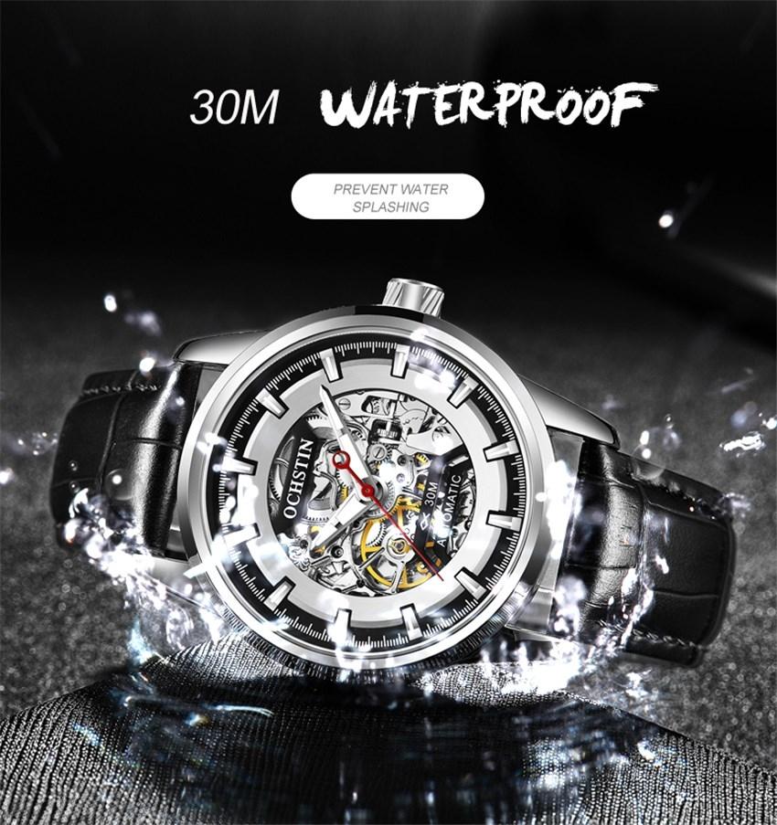 Ochstin 2002C Automatic Mechanical Watch Mens Skeleton Watch Business Leather Waterproof Wristwatch