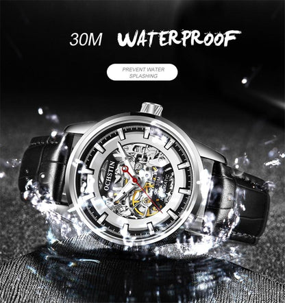 Ochstin 2002C Automatic Mechanical Watch Mens Skeleton Watch Business Leather Waterproof Wristwatch