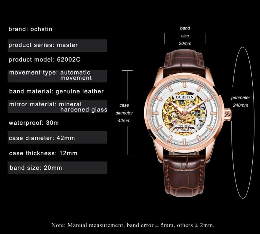 Ochstin 2002C Automatic Mechanical Watch Mens Skeleton Watch Business Leather Waterproof Wristwatch