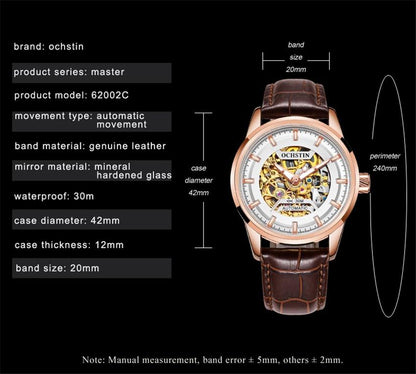 Ochstin 2002C Automatic Mechanical Watch Mens Skeleton Watch Business Leather Waterproof Wristwatch