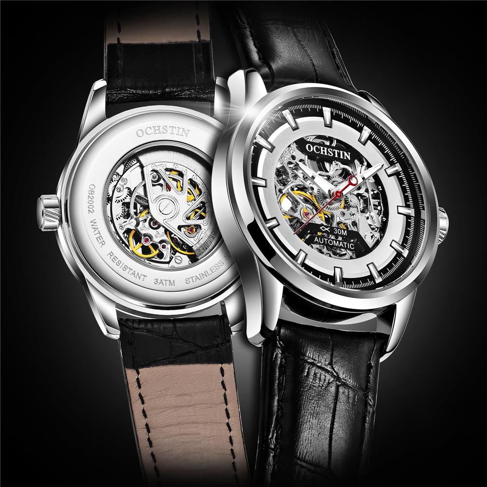 Ochstin 2002C Automatic Mechanical Watch Mens Skeleton Watch Business Leather Waterproof Wristwatch