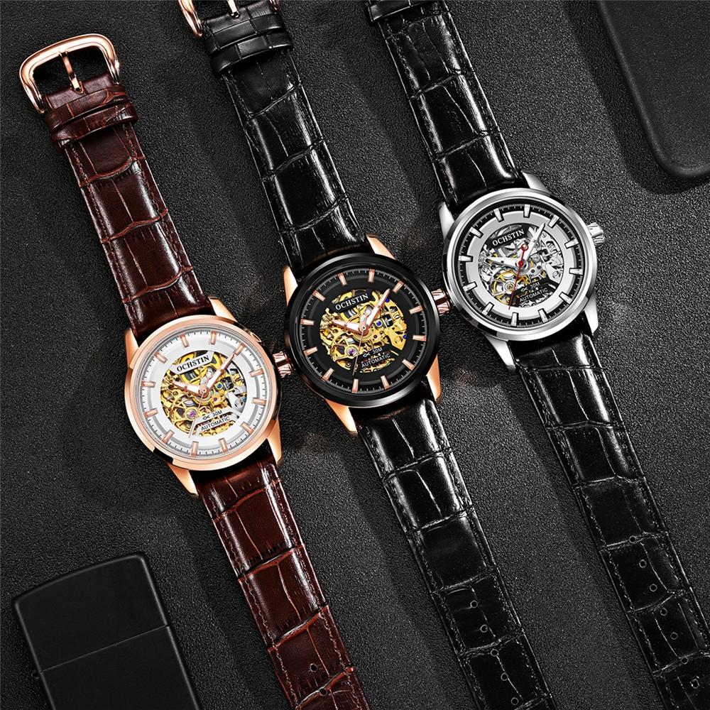 Ochstin 2002C Automatic Mechanical Watch Mens Skeleton Watch Business Leather Waterproof Wristwatch