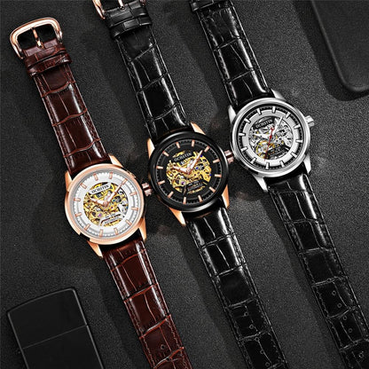 Ochstin 2002C Automatic Mechanical Watch Mens Skeleton Watch Business Leather Waterproof Wristwatch