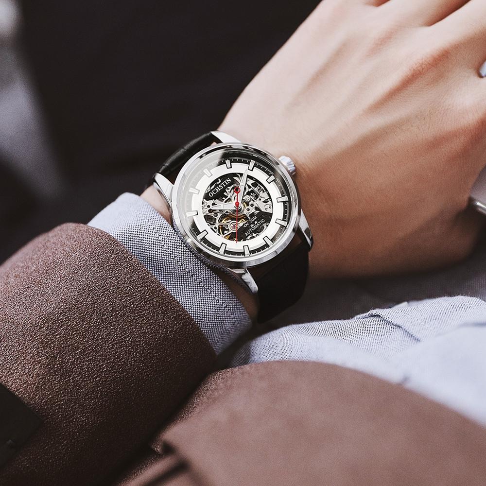 Ochstin 2002C Automatic Mechanical Watch Mens Skeleton Watch Business Leather Waterproof Wristwatch