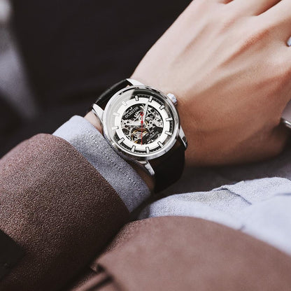 Ochstin 2002C Automatic Mechanical Watch Mens Skeleton Watch Business Leather Waterproof Wristwatch