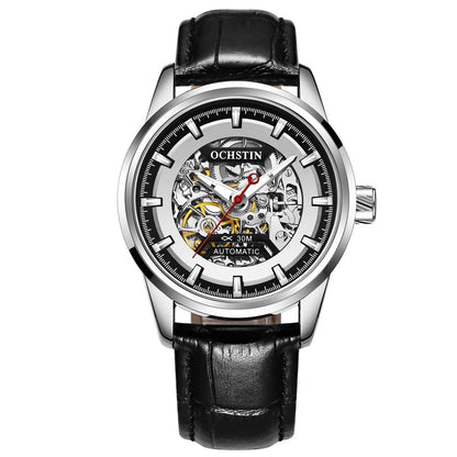 Ochstin 2002C Automatic Mechanical Watch Mens Skeleton Watch Business Leather Waterproof Wristwatch