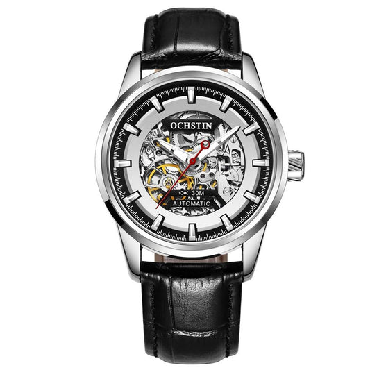 Ochstin 2002C Automatic Mechanical Watch Mens Skeleton Watch Business Leather Waterproof Wristwatch