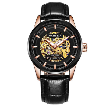 Ochstin 2002C Automatic Mechanical Watch Mens Skeleton Watch Business Leather Waterproof Wristwatch