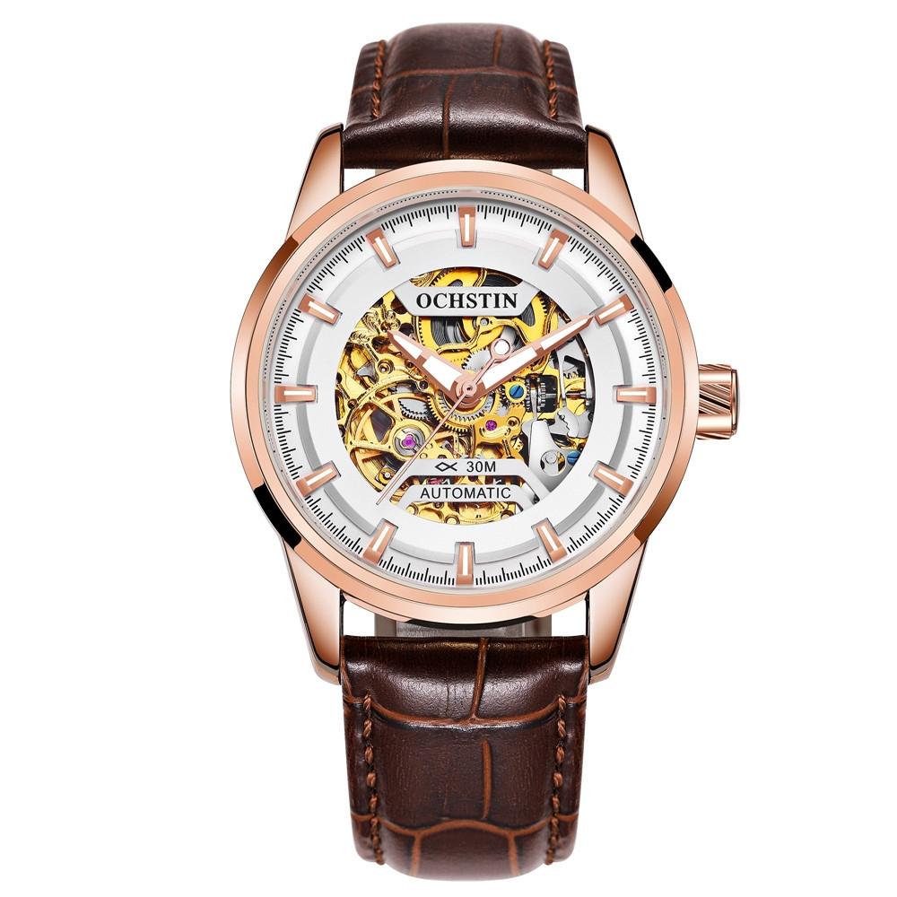 Ochstin 2002C Automatic Mechanical Watch Mens Skeleton Watch Business Leather Waterproof Wristwatch