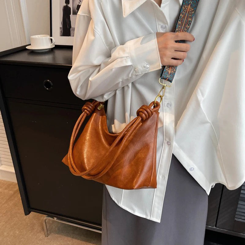 Soft Leather Crossbody Bag for Women with Geometric Wide Strap