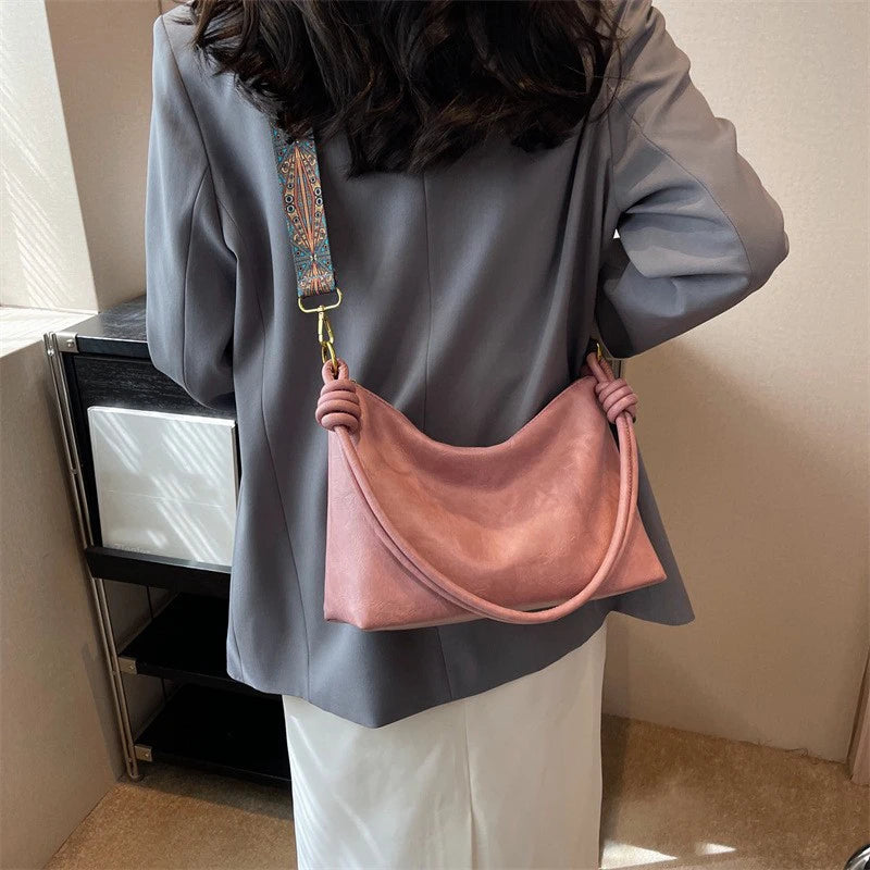 Soft Leather Crossbody Bag for Women with Geometric Wide Strap