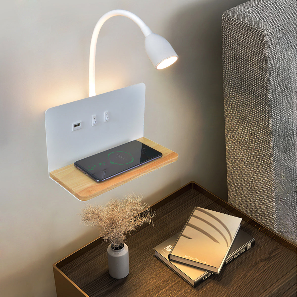 Modern LED Wall Lamp with Wireless Charging USB Port and 360 Rotating Bedside Reading Light