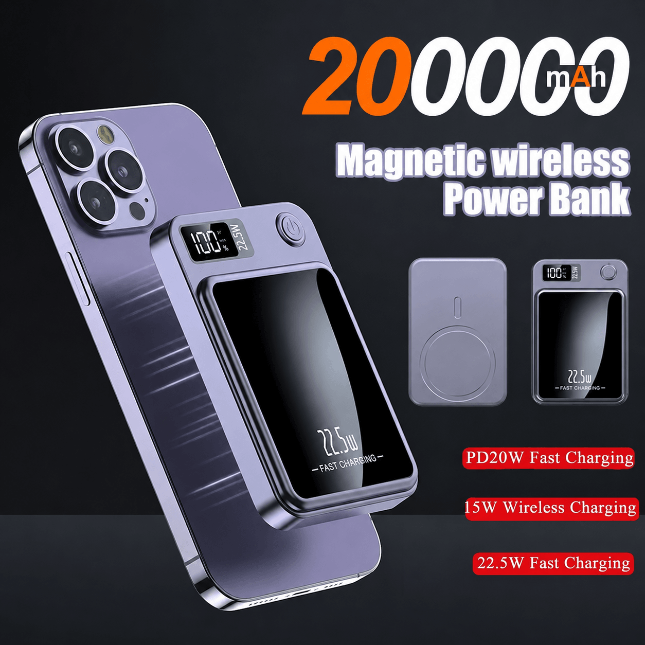 20000mAh Magnetic Power Bank – Wireless Fast Charger for iPhone, Samsung & Huawei