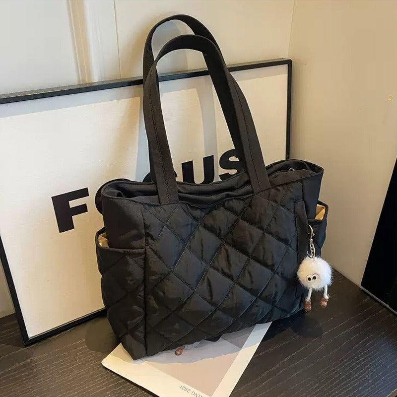 Large Capacity Cotton Tote Bag for Women Quilted Rhombus Commuter Shoulder Handbag