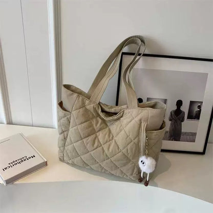 Large Capacity Cotton Tote Bag for Women Quilted Rhombus Commuter Shoulder Handbag