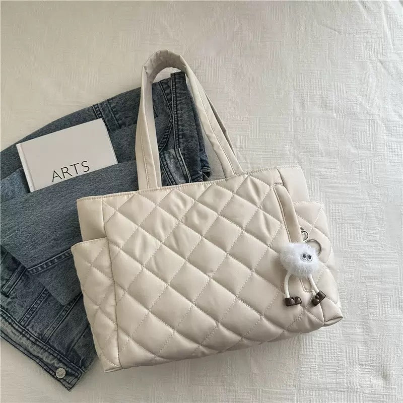Large Capacity Cotton Tote Bag for Women Quilted Rhombus Commuter Shoulder Handbag