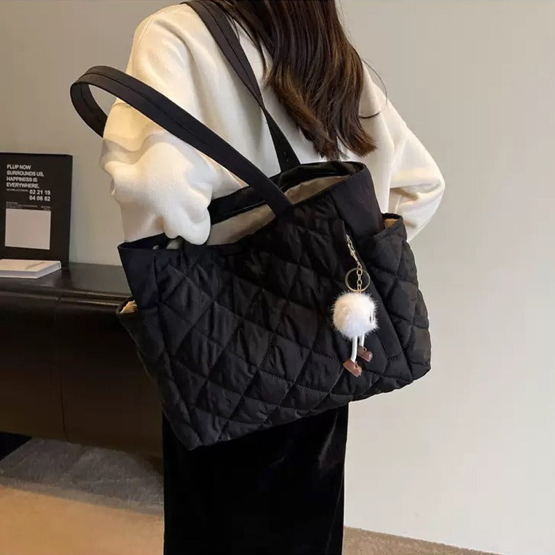 Large Capacity Cotton Tote Bag for Women Quilted Rhombus Commuter Shoulder Handbag