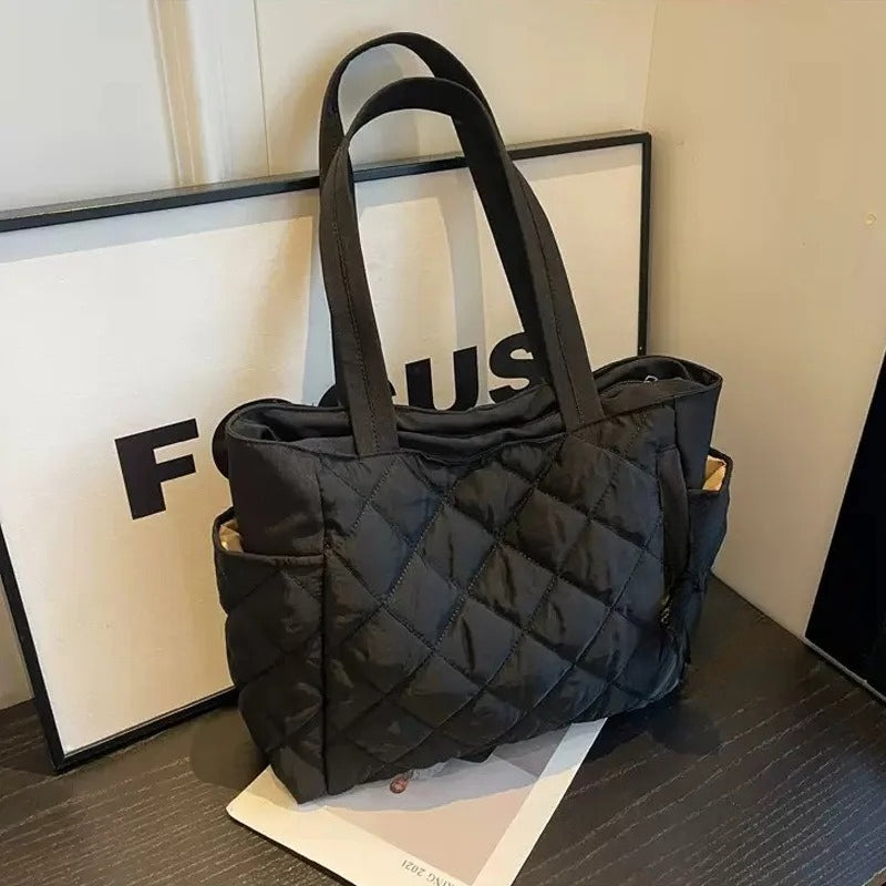 Large Capacity Cotton Tote Bag for Women Quilted Rhombus Commuter Shoulder Handbag